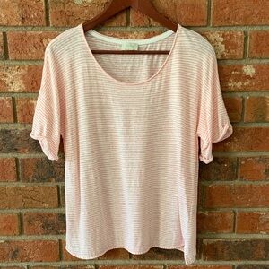Wrap London Coral White Striped Short Sleeve Linen Tee Top